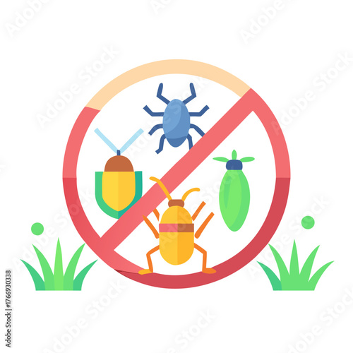 Illustration of pest control sign with various insects within the forbidden circle