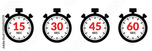 Dynamic stopwatch icons showing 15, 30, 45, and 60 seconds perfect for time management, countdowns, and athletic performance visuals.