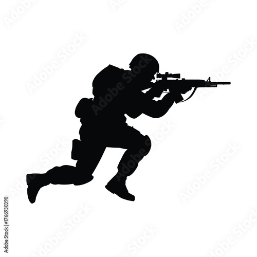 Black silhouette of a soldier in tactical gear aiming a rifle with a scope while running vector