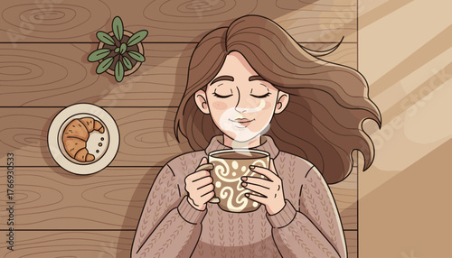 Cozy illustration of a young woman with long brown hair, wearing a knitted sweater, enjoying a warm cup of coffee with steam rising, beside a croissant on a plate and a small potted plant, on a
