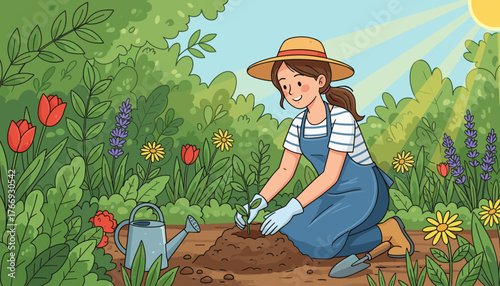 A young woman wearing a straw hat and blue overalls kneels in a vibrant garden, carefully planting a small seedling into rich soil, surrounded by lush green foliage, blooming red tulips, purple