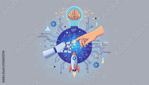 Futuristic concept of artificial intelligence and human collaboration, with a robot hand and a human hand touching, symbolizing innovation, technology, and the future of AI, set against a backdrop of