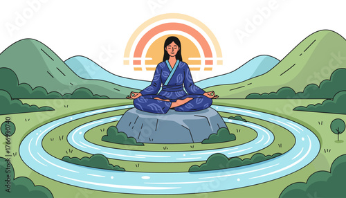 Serene woman in traditional blue kimono meditating in lotus pose on a rock, surrounded by a winding river and lush green hills under a vibrant rainbow sun, symbolizing peace, mindfulness, and harmony