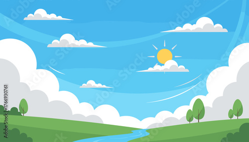 Vibrant blue sky background with fluffy white clouds and a bright yellow sun, featuring rolling green hills and a winding river, creating a serene and picturesque landscape perfect for nature and