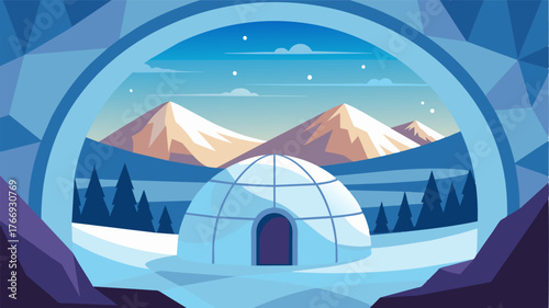A view of the breathtaking snowy landscape through the igloos window reminding the nomad of the beauty of their nomadic lifestyle.. Vector illustration
