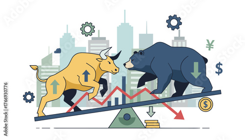 Dynamic illustration of the stock market's bull and bear forces in opposition, symbolizing financial market analysis and trading trends, set against a cityscape backdrop with currency symbols and