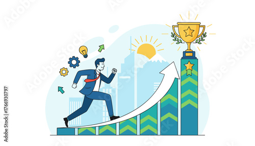 Dynamic illustration of a businessman in a suit running up a rising graph towards a golden trophy, symbolizing career growth, business success, and overcoming challenges with innovative ideas and