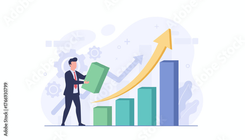 A businessman in a suit is placing a green block on a bar chart, symbolizing business growth, investment, success, and progress, with gears and arrows in the background, representing a thriving