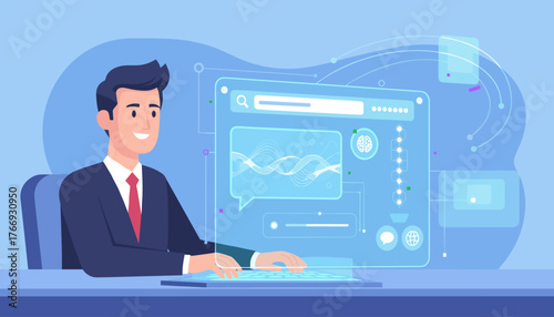 Modern businessman in a suit and tie actively typing on a futuristic keyboard, interacting with an advanced AI chatbot interface displaying data visualizations, brain icons, and network connections
