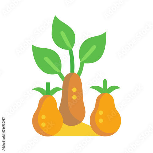 Stylized cartoon illustration of two yellow pears and a growing plant