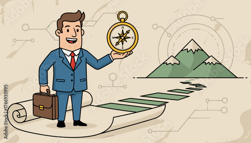 A determined businessman in a blue suit holds a golden compass in his hand, symbolizing guidance and direction, standing on a rolled-up blueprint leading towards a path of stepping stones towards