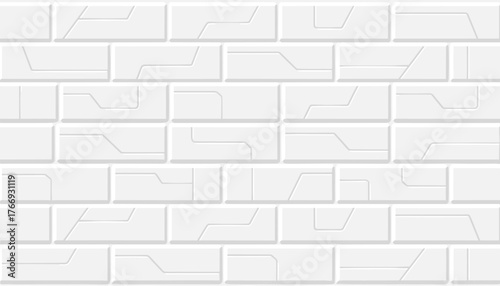 Seamless pattern of a clean white brick wall featuring a modern, minimalist texture with subtle geometric lines and a subtle 3D embossed effect, perfect for architectural backgrounds and contemporary