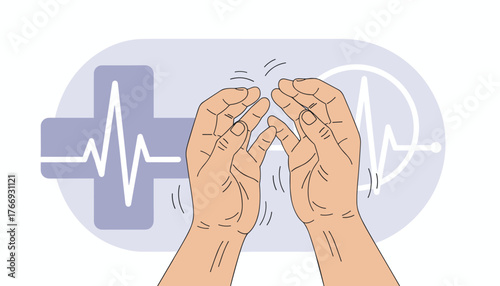 Close-up of senior elderly woman patient's hands showing skin spots and tremors, with a medical cross and heartbeat EKG line in the background, symbolizing health concerns and aging.