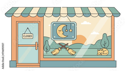Charming modern flat vector illustration of a shop window with a 'Closed' sign on the door, a whimsical moon and stars decoration, crossed broomsticks, and a sleeping cat, set against a serene