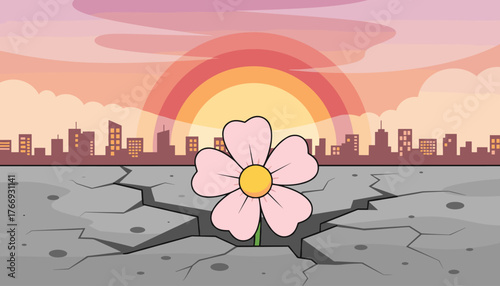 A delicate pink flower with a yellow center emerges from a cracked concrete street, symbolizing resilience and hope against an urban cityscape backdrop during a vibrant sunset with colorful clouds