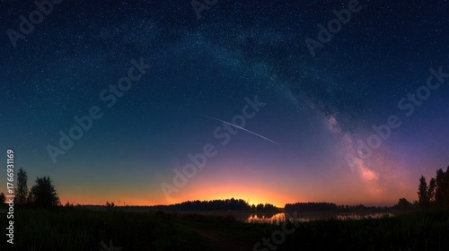 Breathtaking Panorama of a Meteor Shower Streaking Across the Milky Way Above a Serene Lake at Twilight