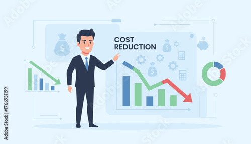 Cost Reduction Business Finance Concept: A professional man in a suit points to a graph illustrating decreasing costs and financial savings, symbolizing budget optimization and economic efficiency