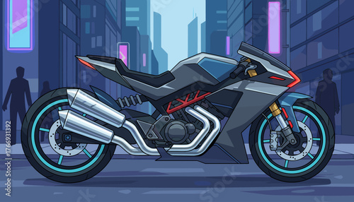 Detailed side view of a sleek, modern, futuristic sport motorcycle parked on a city street at night, featuring sharp lines, glowing red accents, dual exhaust pipes, and a backdrop of illuminated