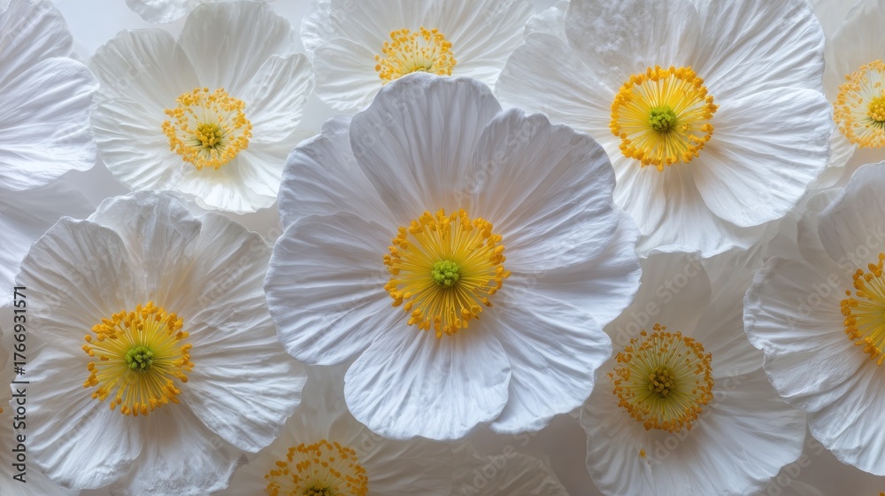 Fototapeta premium Pristine White Poppy Array: Delicate Petals and Golden Centers in Soft Light