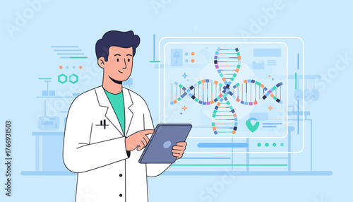 A smiling scientist in a white lab coat holds a tablet, analyzing a colorful DNA double helix structure displayed on a futuristic holographic screen in a modern laboratory setting, representing