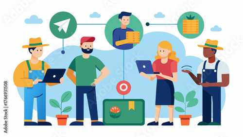 A cooperative of farmers using blockchain to share data and streamline the supply chain process for their produce.. Vector illustration