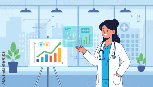A smiling female doctor in a white coat with a stethoscope around her neck presents medical data on a whiteboard and a futuristic holographic screen, showcasing growth charts and vital signs, in a