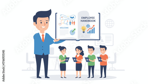 A friendly male instructor presents an open employee handbook to a diverse group of new staff members, illustrating onboarding and corporate training concepts with icons for welcome, teamwork, and