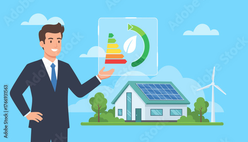 A smiling businessman in a suit presents an energy efficiency rating chart and a leaf icon on a transparent screen, showcasing an eco-friendly house with solar panels and a wind turbine in the