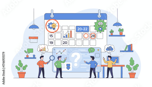 Business planning and strategy illustration with people analyzing calendar dates, charts, and graphs, symbolizing teamwork, project management, and important event marking for successful business