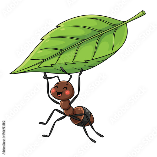 A strong smiling cartoon ant character carrying a large vibrant green leaf above its head.