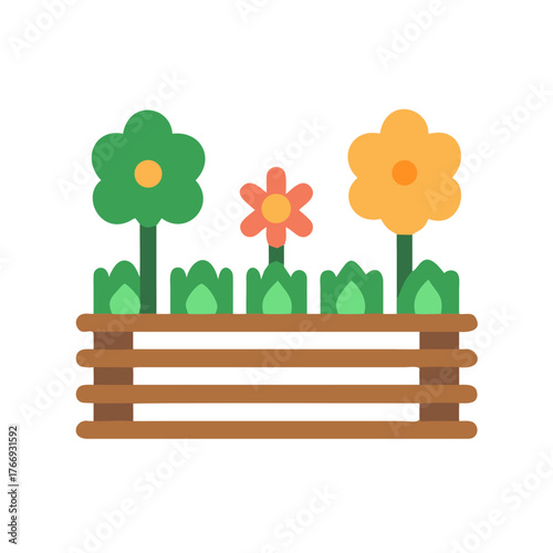 Cartoon flower bed with green and orange flowers in front of fence