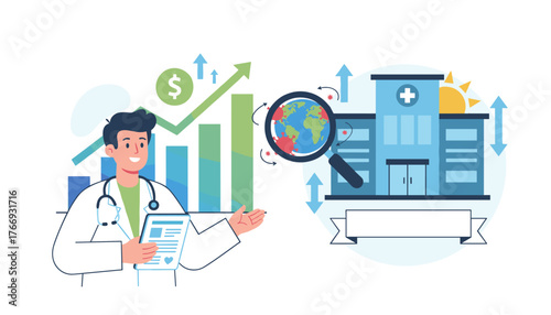 Doctor analyzing global health crisis data with magnifying glass over Earth showing virus, alongside financial growth charts and hospital building, symbolizing healthcare business and investment