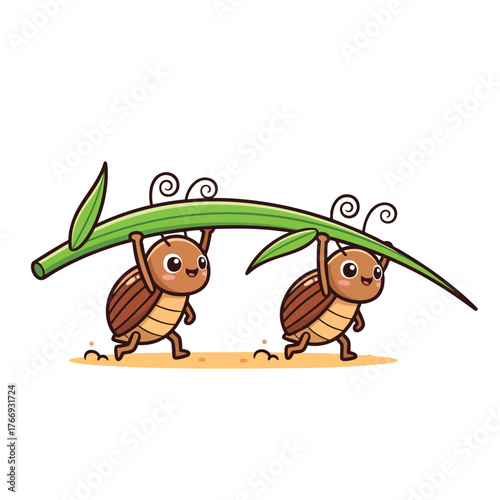A team of two cute brown cartoon beetles with curly antennae carrying a large green blade of grass.