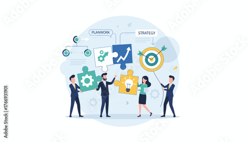 Teamwork and collaboration in business strategy, people assembling puzzle pieces representing plan, work, and goals, achieving company objectives with a target and lightbulb idea, illustrating