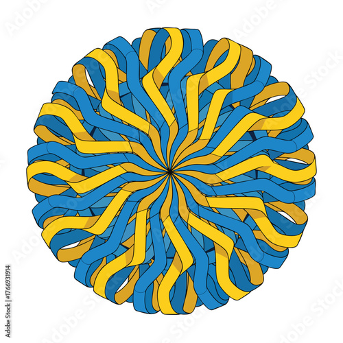 A vibrant circular pattern of interwoven blue and yellow wavy ribbons radiating from a central point.