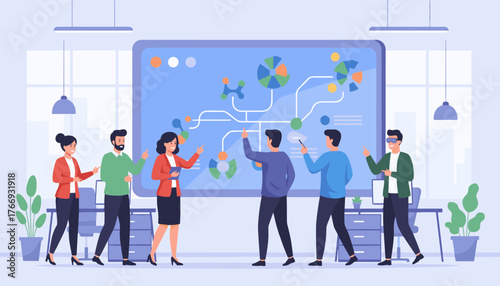 Diverse team of business professionals collaborating in a modern office setting, analyzing complex data visualizations and charts displayed on a large interactive screen, fostering teamwork and