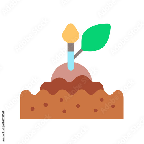 Stylized flat illustration of a seedling growing in soil on black background