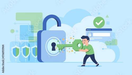 Modern flat illustration of a man holding a large key to unlock a secure padlock, symbolizing password protection, data security, and digital access. The concept is represented with shields, cloud