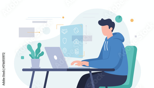 Modern flat illustration of a young man in a blue hoodie working on a laptop, with a transparent virtual screen displaying icons for business, technology, and data management, set against a
