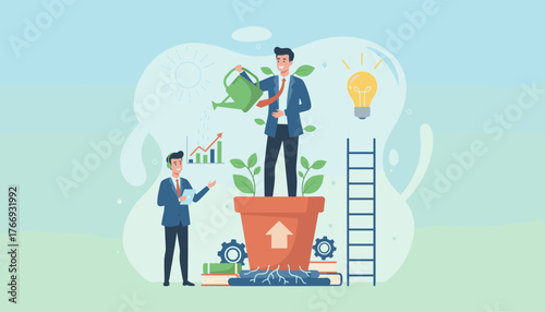 Conceptual illustration of personal development and career growth, showing businessmen nurturing a plant symbolizing success, with elements like a lightbulb for ideas, a ladder for advancement, and