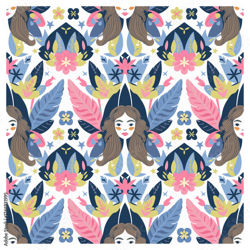 This seamless pattern features charming, stylized portraits of women surrounded by an array of vibrant flowers and leaves, creating a harmonious balance between human figures and nature motifs. 