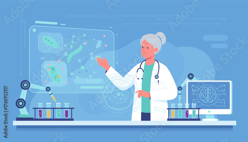 Elderly female scientist in a white lab coat with a stethoscope, interacting with a futuristic holographic display showing molecular structures and cells, alongside a robotic arm and test tubes