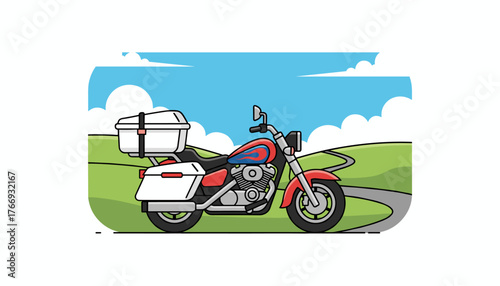 Vivid illustration of a red and blue motorcycle with a white storage box on the back, parked on a winding road amidst rolling green hills under a bright blue sky with fluffy white clouds, perfect for
