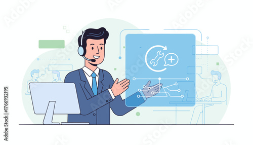 Modern flat illustration of a friendly male customer service representative wearing a headset and suit, gesturing towards a digital interface displaying a wrench and plus sign icon, symbolizing