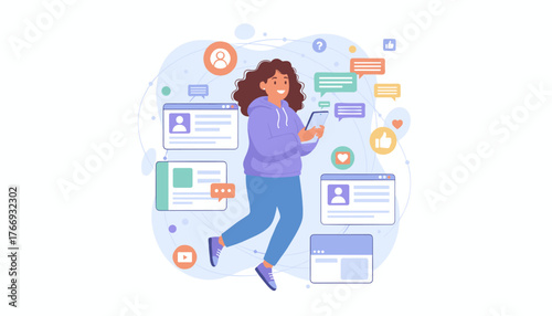 Flat style vector illustration of a young woman engrossed in her smartphone, surrounded by social media icons, chat bubbles, and profile interfaces, symbolizing digital communication and online
