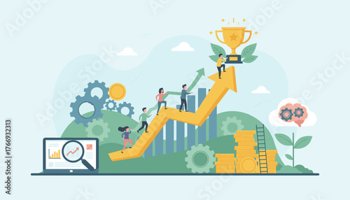 Vivid vector illustration depicting investment management and business growth, featuring a team climbing an upward trending arrow towards a golden trophy, symbolizing success and achievement, with