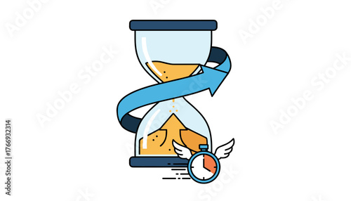 Vivid vector illustration of a stylized hourglass with flowing sand, symbolizing the passage of time, accompanied by a blue arrow indicating progress or direction, and a small winged stopwatch