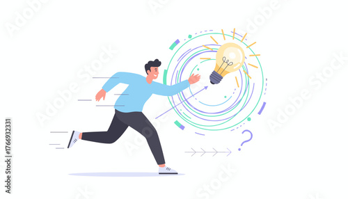 Energetic man in motion, chasing a bright idea represented by a glowing lightbulb, symbolizing pursuit of innovation and creativity, with abstract circular graphic elements and question marks