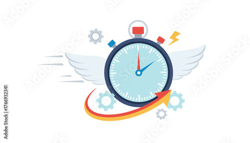 Dynamic vector illustration of a stopwatch with wings, gears, and an upward trending arrow, symbolizing speed, efficiency, and progress against a clean white background, perfect for business and