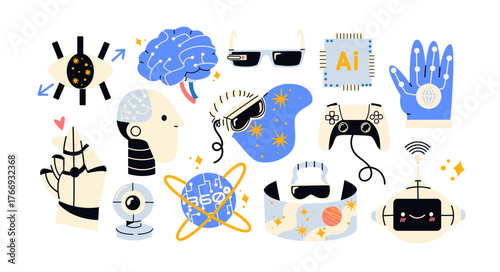 Artificial intelligence elements in retro cartoon. Robots, VR glasses, cameras, technology, futuristic vibe, 90s tech aesthetic, illustration in retro cartoon style, trendy stickers